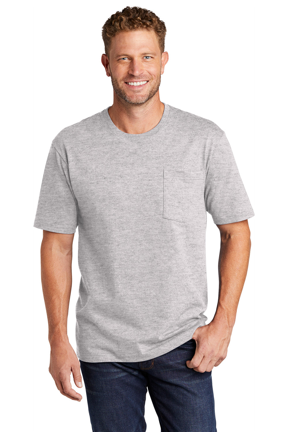 CornerStone CS430 Mens Short Sleeve Crewneck T-Shirt w/ Pocket Heather Grey Model Front