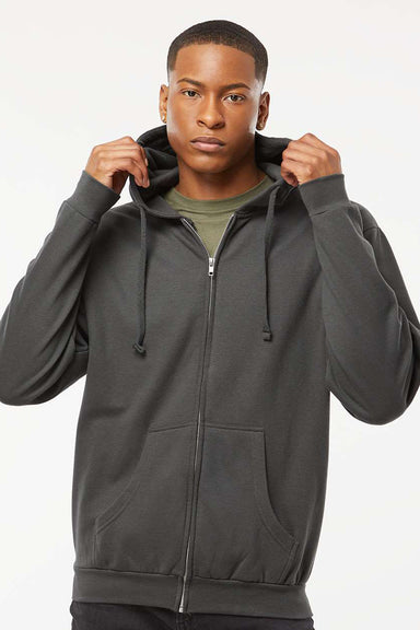 Tultex 331 Mens Full Zip Hooded Sweatshirt Hoodie w/ Pockets Charcoal Grey Model Front