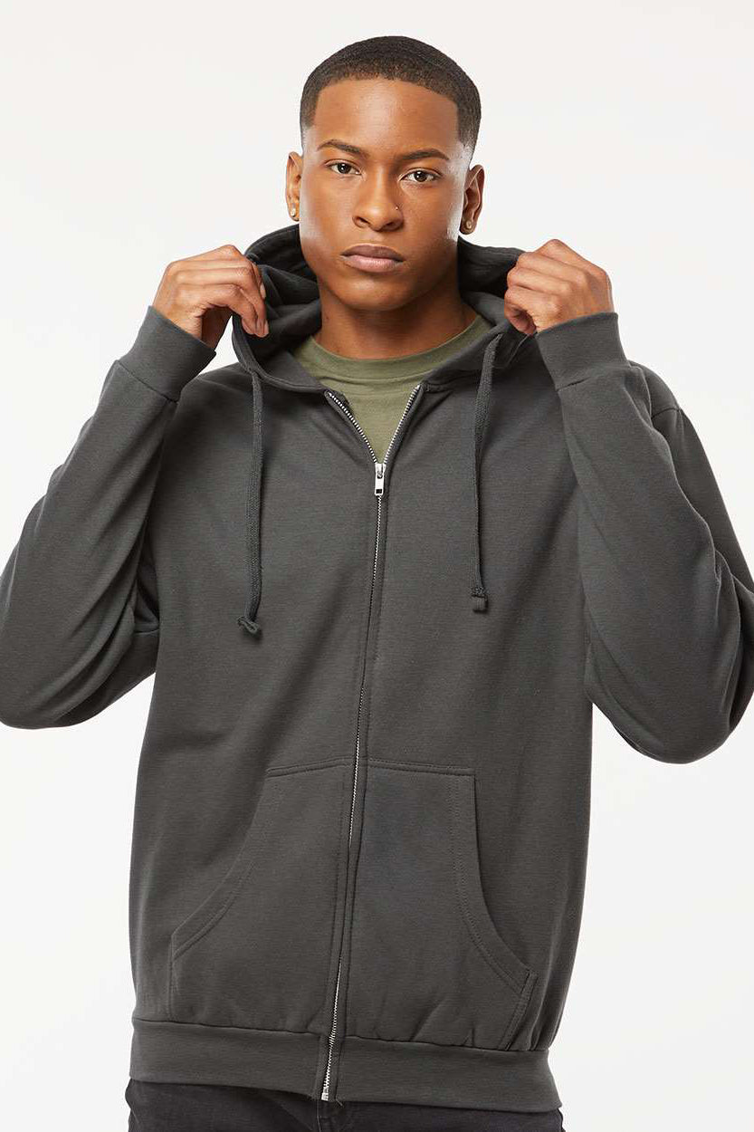 Tultex 331 Mens Full Zip Hooded Sweatshirt Hoodie w/ Pockets Charcoal Grey Model Front