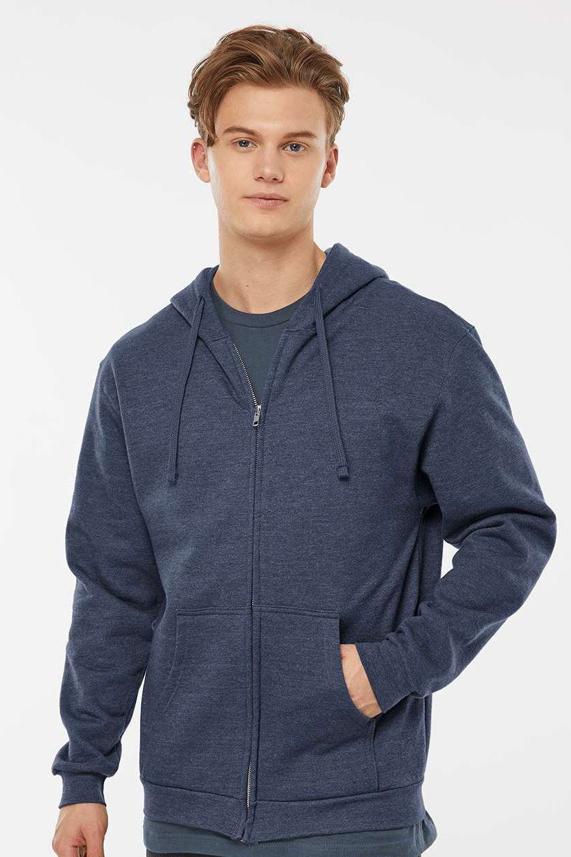 Tultex 331 Mens Full Zip Hooded Sweatshirt Hoodie w/ Pockets Heather Denim Blue Model Front