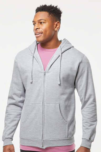 Tultex 331 Mens Full Zip Hooded Sweatshirt Hoodie w/ Pockets Heather Grey Model Front