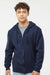 Tultex 331 Mens Full Zip Hooded Sweatshirt Hoodie w/ Pockets Navy Blue Model Front