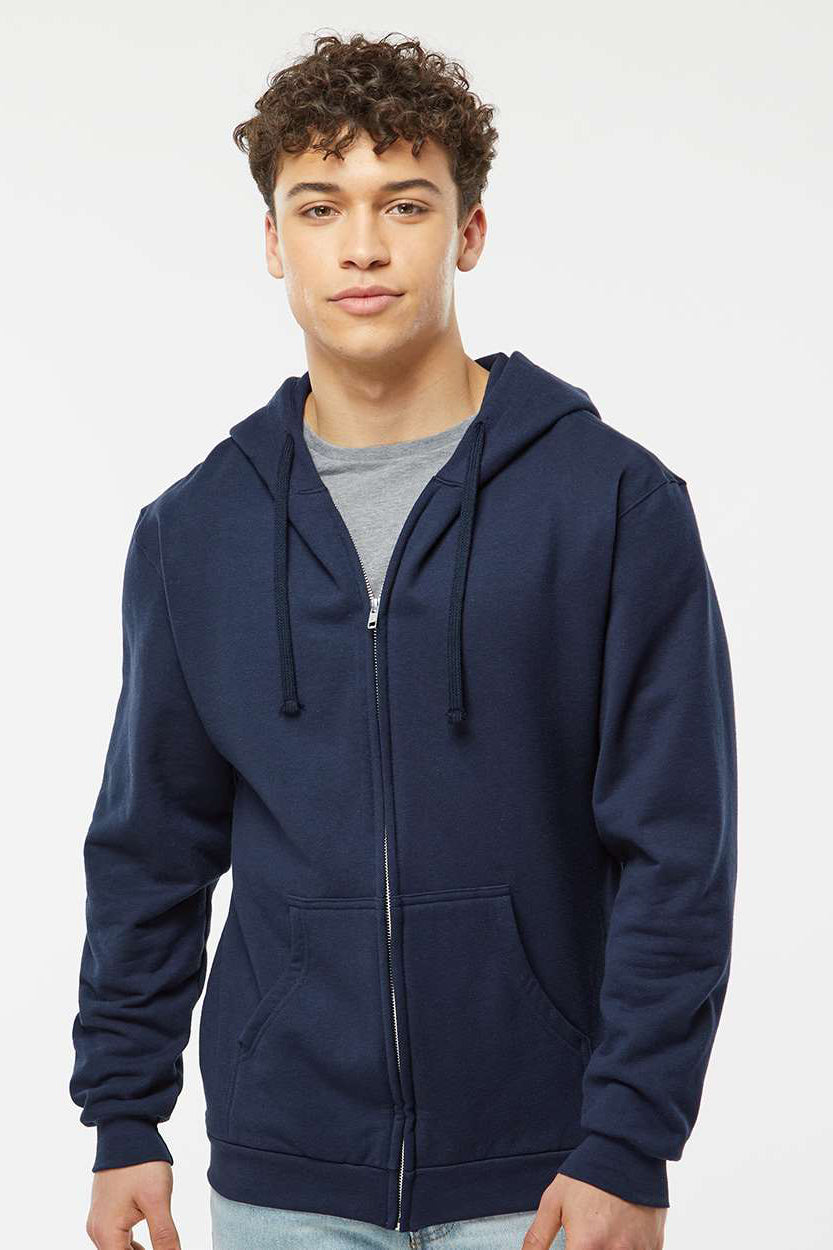 Tultex 331 Mens Full Zip Hooded Sweatshirt Hoodie w/ Pockets Navy Blue Model Front