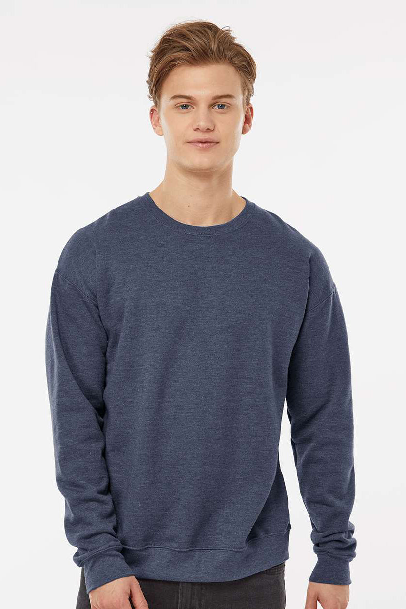 Tultex 340 Mens Fleece Crewneck Sweatshirt Heather Denim Blue Model Front
