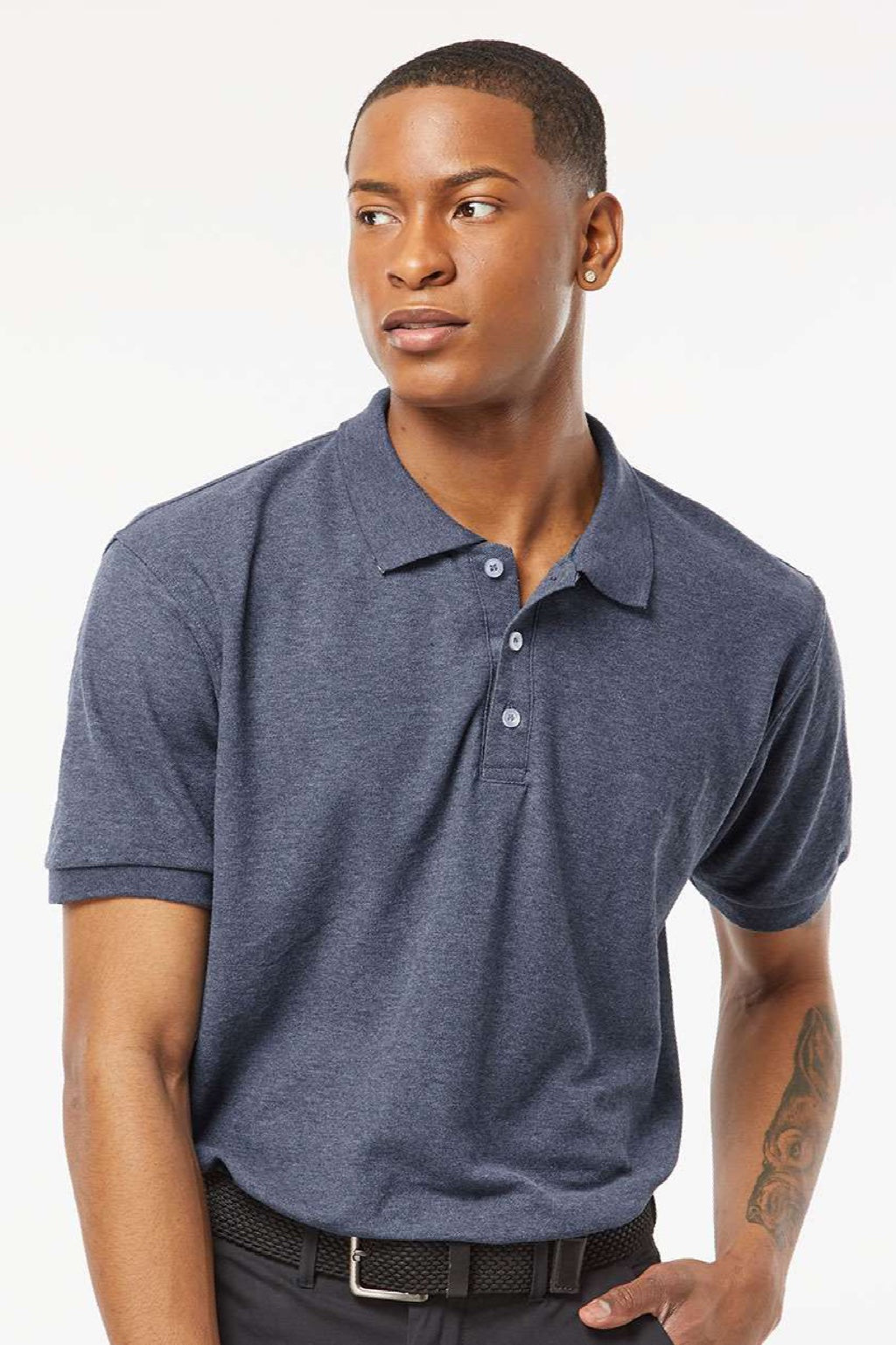 Tultex 400 Mens Sport Short Sleeve Polo Shirt Heather Navy Blue Model Front