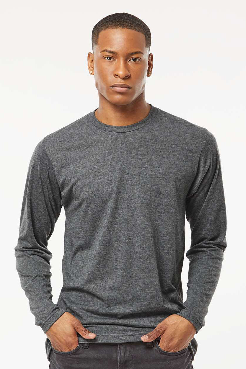 Tultex 242 Mens Poly-Rich Long Sleeve Crewneck T-Shirt Heather Charcoal Grey Model Front