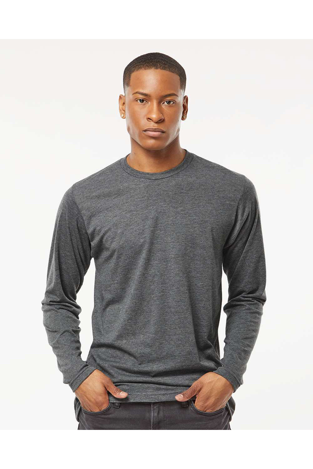 Tultex 242 Mens Poly-Rich Long Sleeve Crewneck T-Shirt Heather Charcoal Grey Model Front