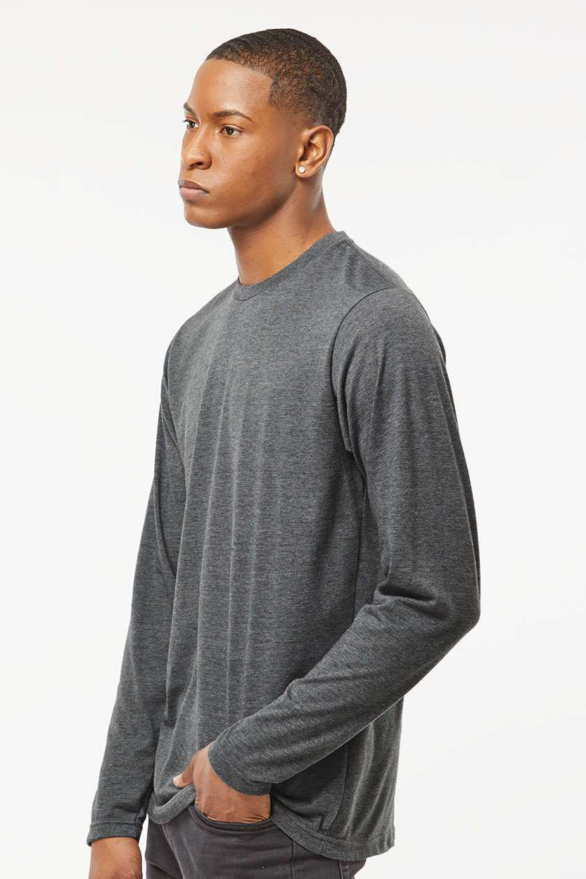 Tultex 242 Mens Poly-Rich Long Sleeve Crewneck T-Shirt Heather Charcoal Grey Model Side