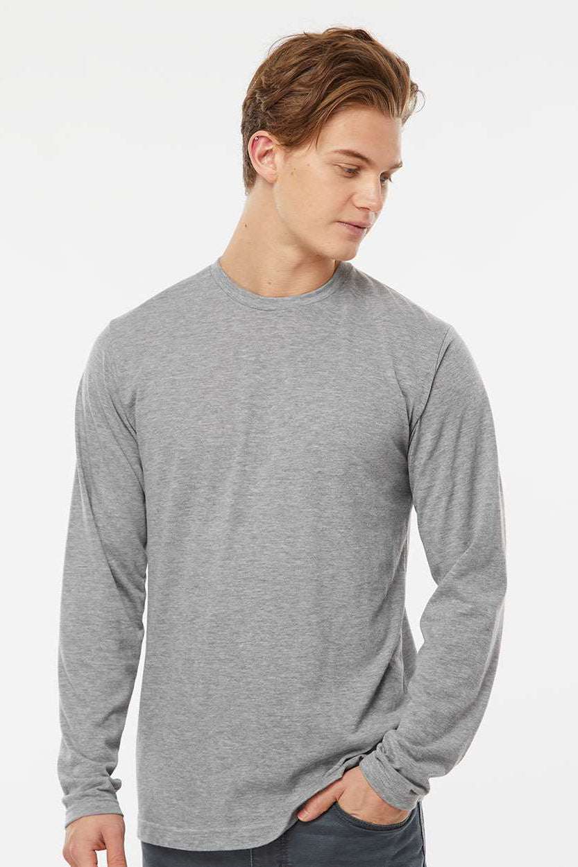 Tultex 242 Mens Poly-Rich Long Sleeve Crewneck T-Shirt Heather Grey Model Front
