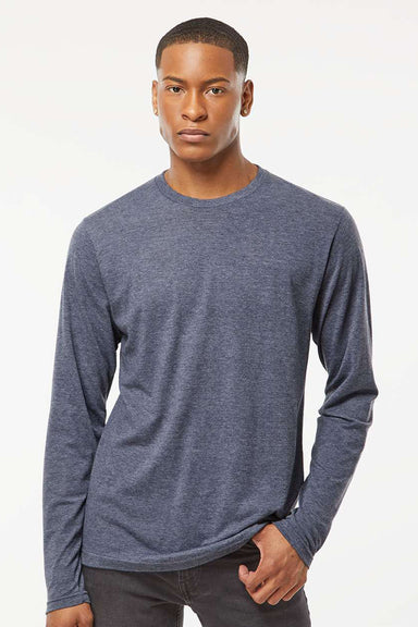 Tultex 242 Mens Poly-Rich Long Sleeve Crewneck T-Shirt Heather Navy Blue Model Front
