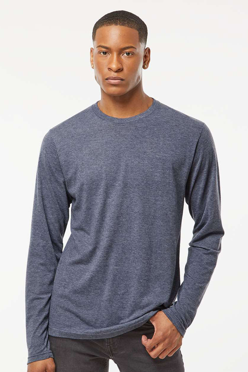 Tultex 242 Mens Poly-Rich Long Sleeve Crewneck T-Shirt Heather Navy Blue Model Front
