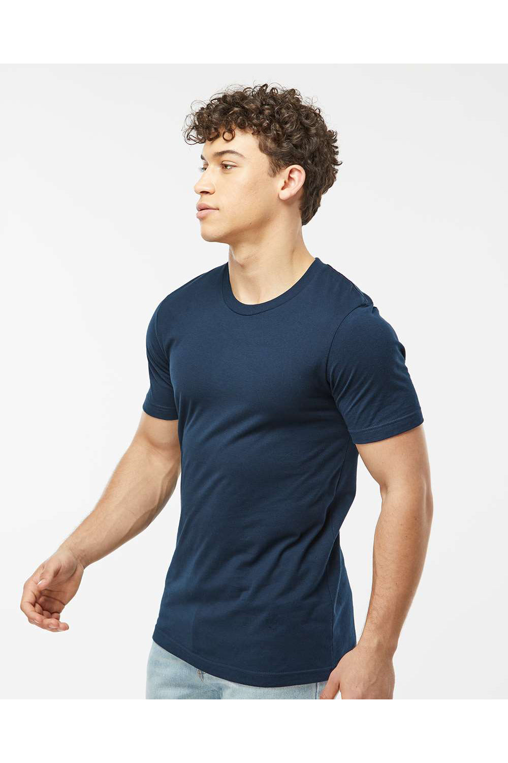 Tultex 502 Mens Premium Short Sleeve Crewneck T-Shirt Navy Blue Model Side