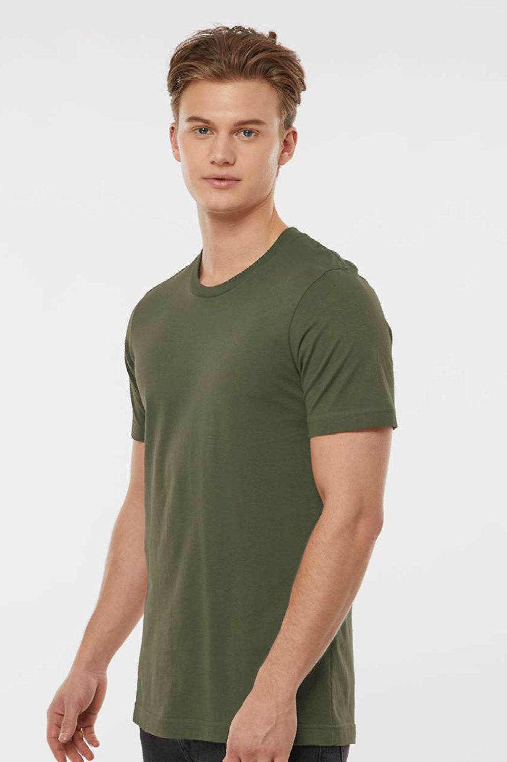 Tultex 502 Mens Premium Short Sleeve Crewneck T-Shirt Olive Green Model Side