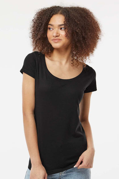 Tultex 243 Womens Poly-Rich Short Sleeve Scoop Neck T-Shirt Black Model Front