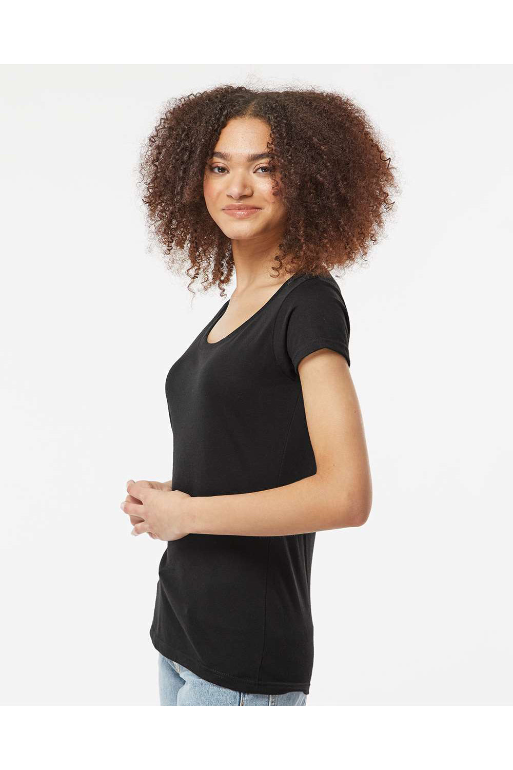 Tultex 243 Womens Poly-Rich Short Sleeve Scoop Neck T-Shirt Black Model Side