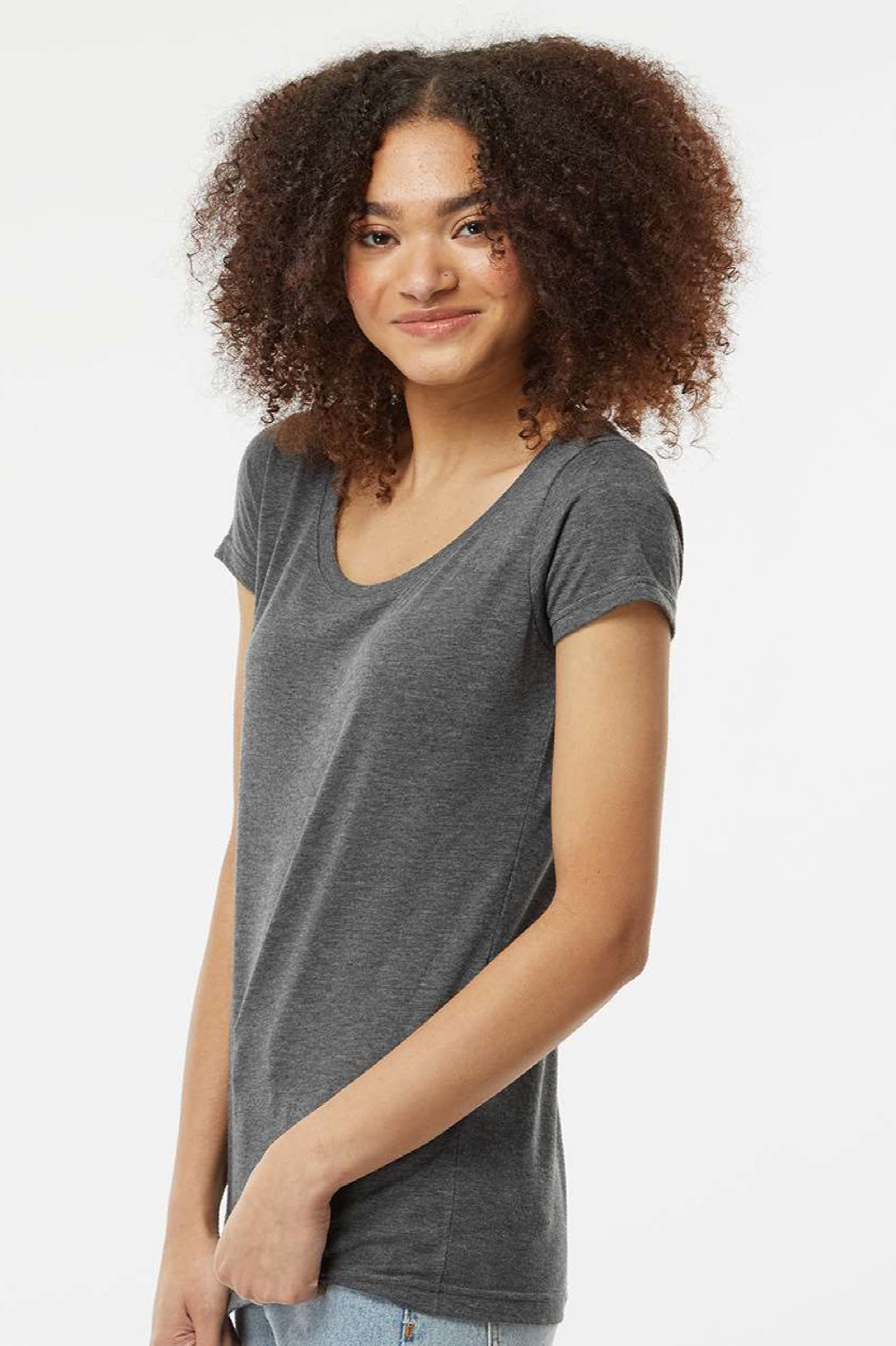 Tultex 243 Womens Poly-Rich Short Sleeve Scoop Neck T-Shirt Heather Charcoal Grey Model Side