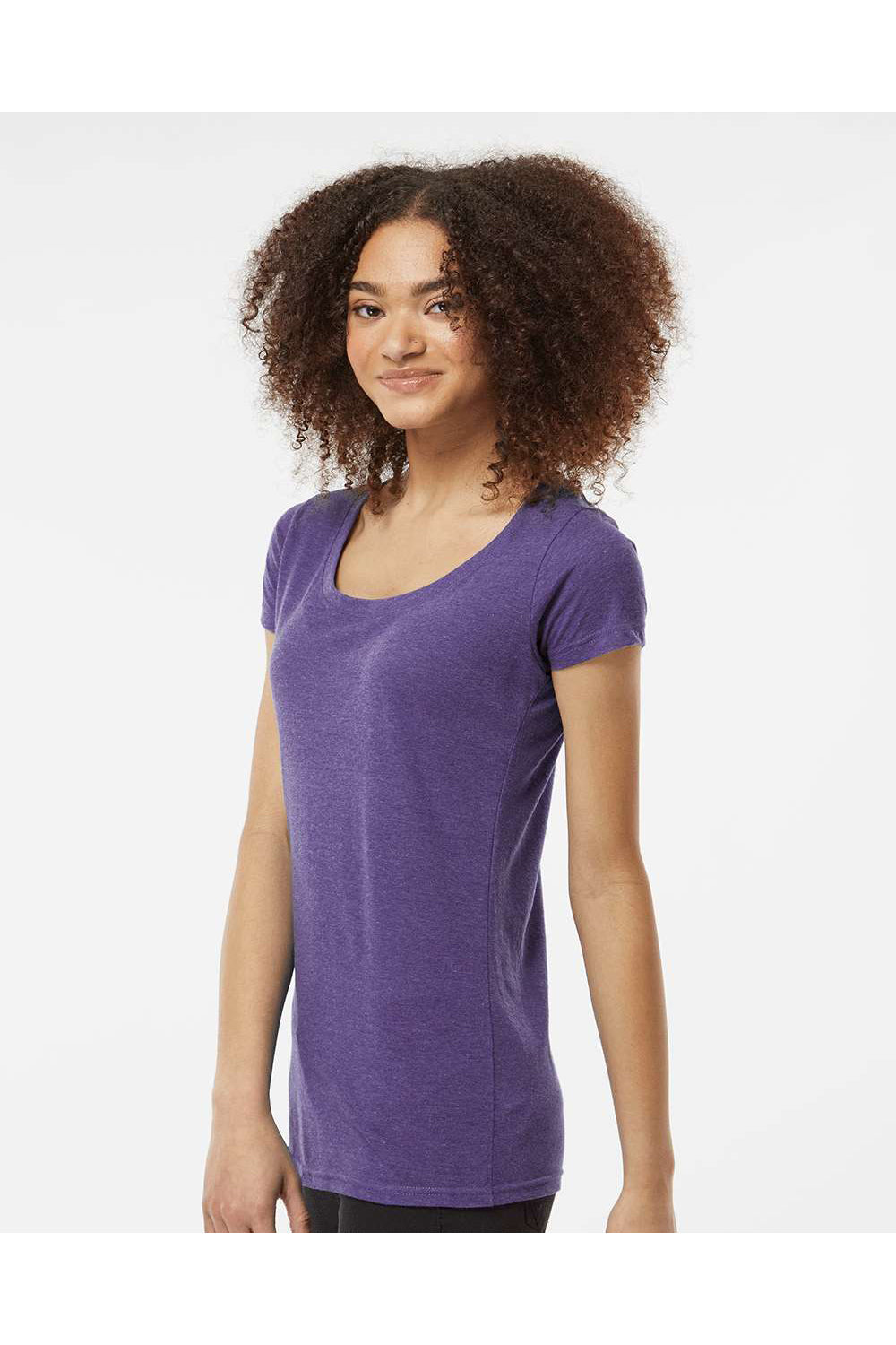 Tultex 243 Womens Poly-Rich Short Sleeve Scoop Neck T-Shirt Heather Purple Model Side