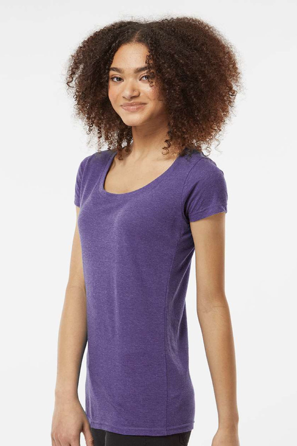Tultex 243 Womens Poly-Rich Short Sleeve Scoop Neck T-Shirt Heather Purple Model Side