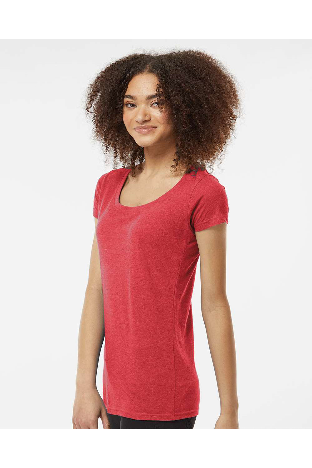 Tultex 243 Womens Poly-Rich Short Sleeve Scoop Neck T-Shirt Heather Red Model Side