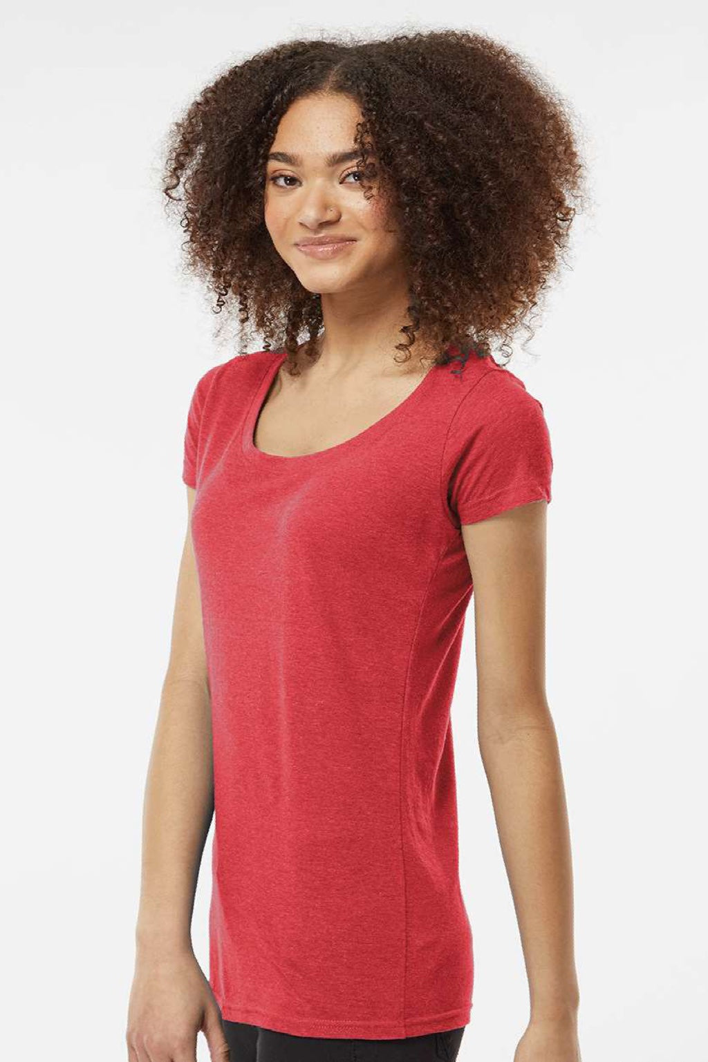 Tultex 243 Womens Poly-Rich Short Sleeve Scoop Neck T-Shirt Heather Red Model Side