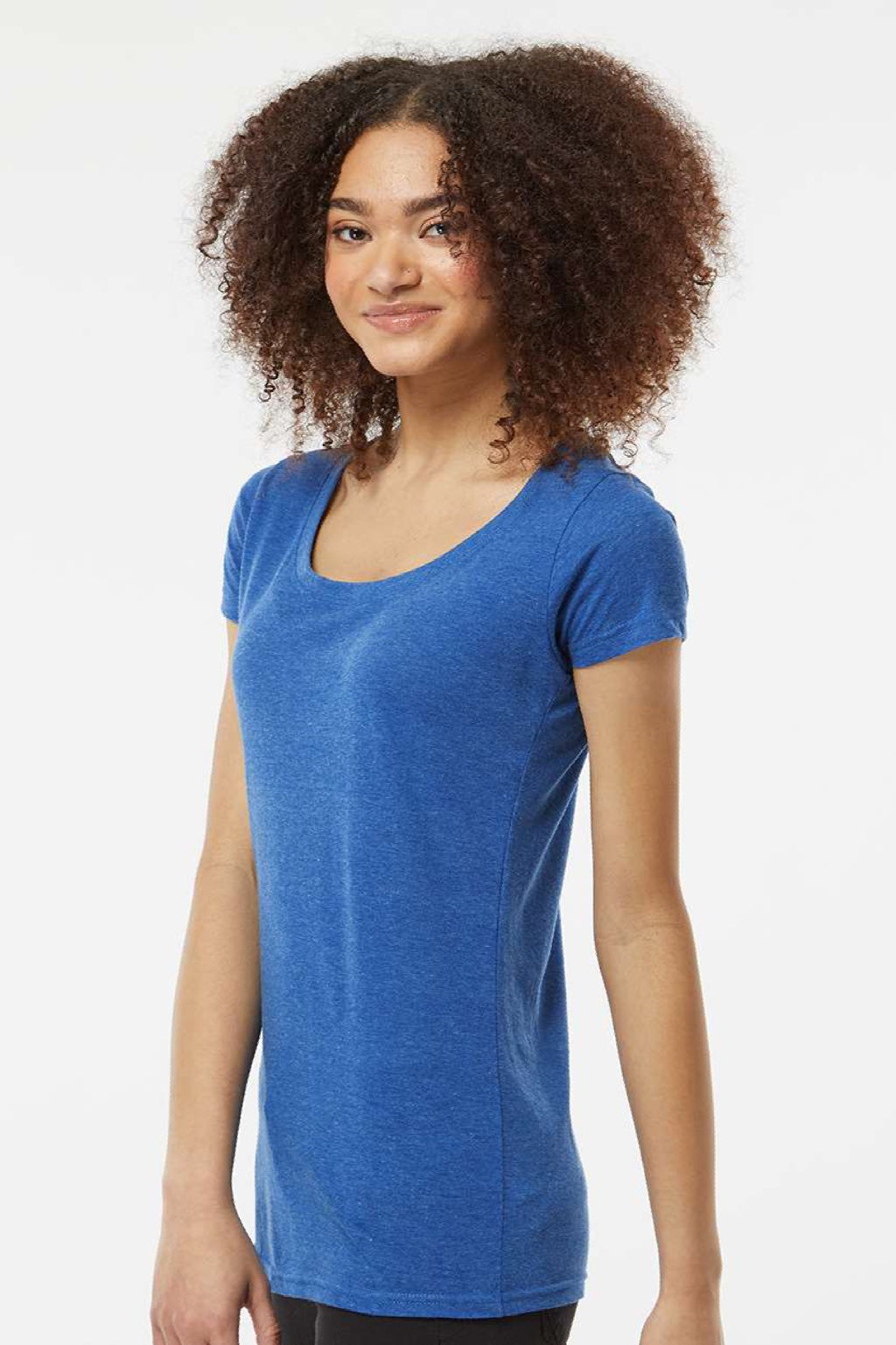 Tultex 243 Womens Poly-Rich Short Sleeve Scoop Neck T-Shirt Heather Royal Blue Model Side