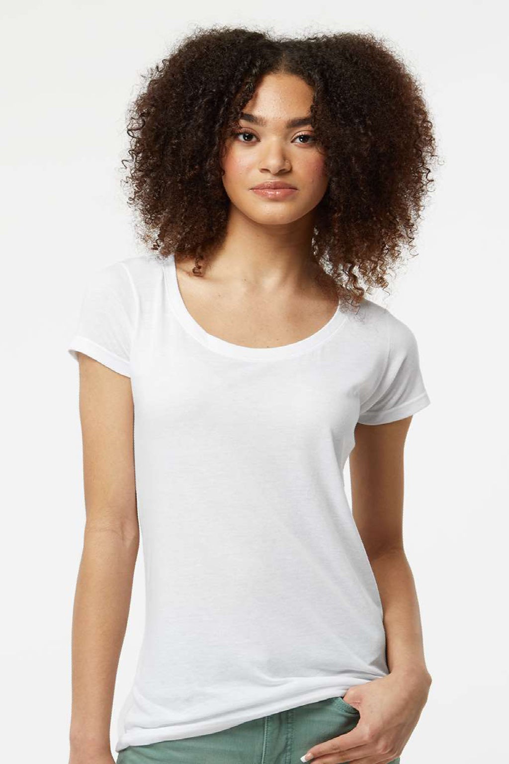 Tultex 243 Womens Poly-Rich Short Sleeve Scoop Neck T-Shirt White Model Front
