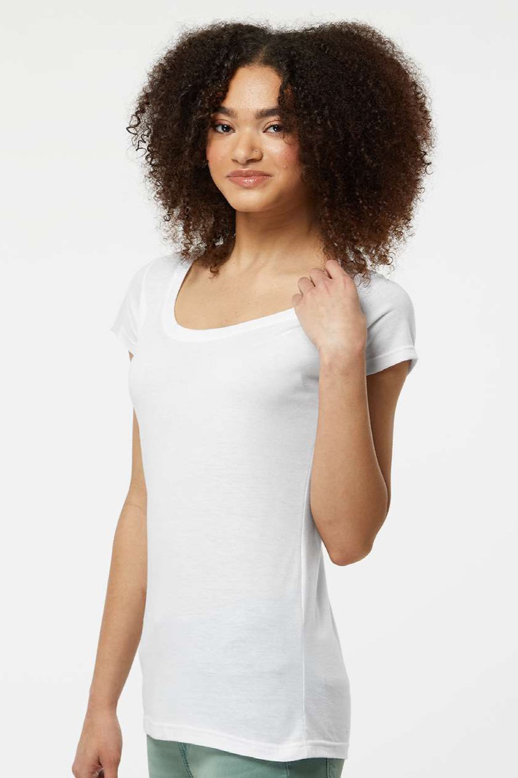 Tultex 243 Womens Poly-Rich Short Sleeve Scoop Neck T-Shirt White Model Side