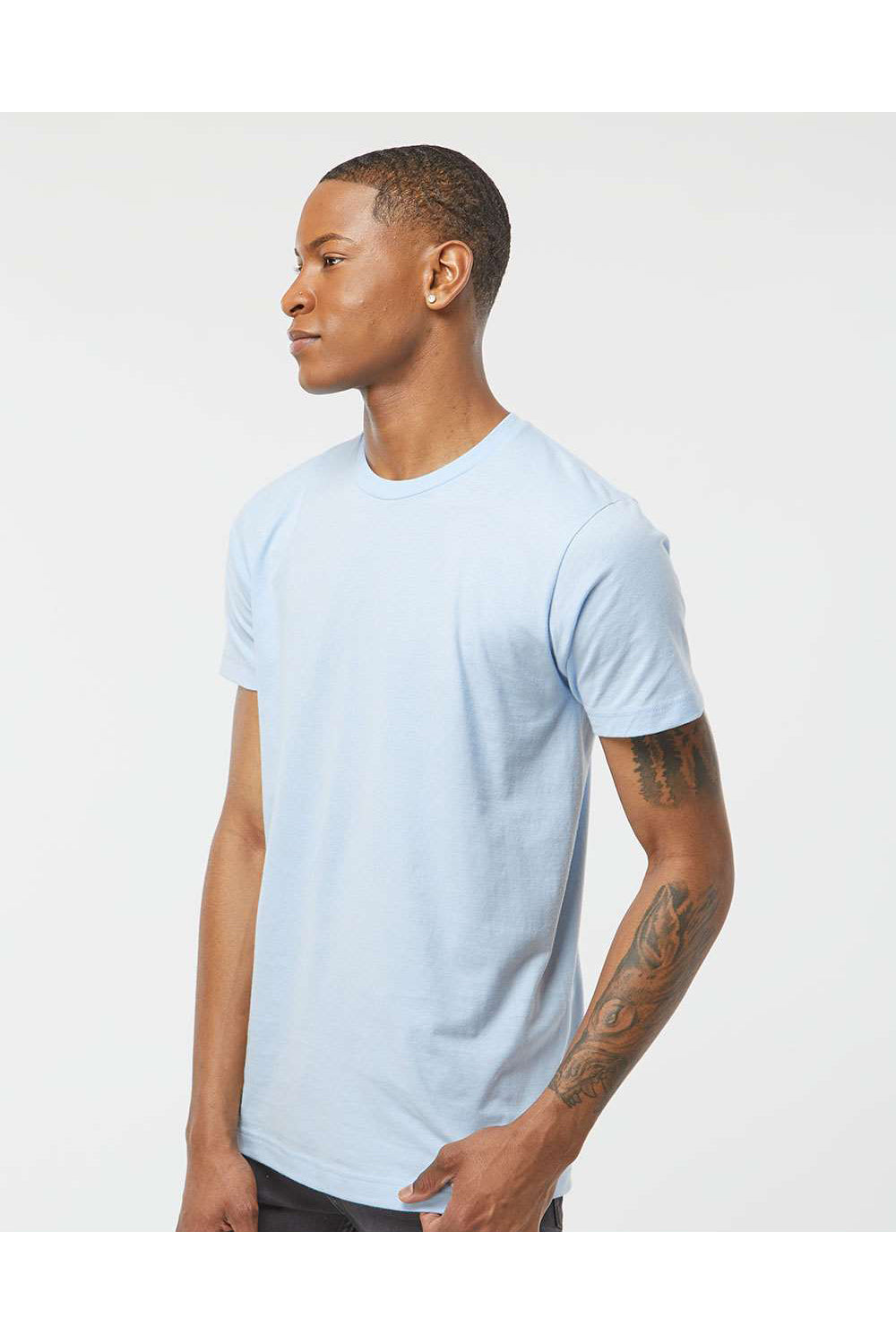 Tultex 202 Mens Fine Jersey Short Sleeve Crewneck T-Shirt Baby Blue Model Side
