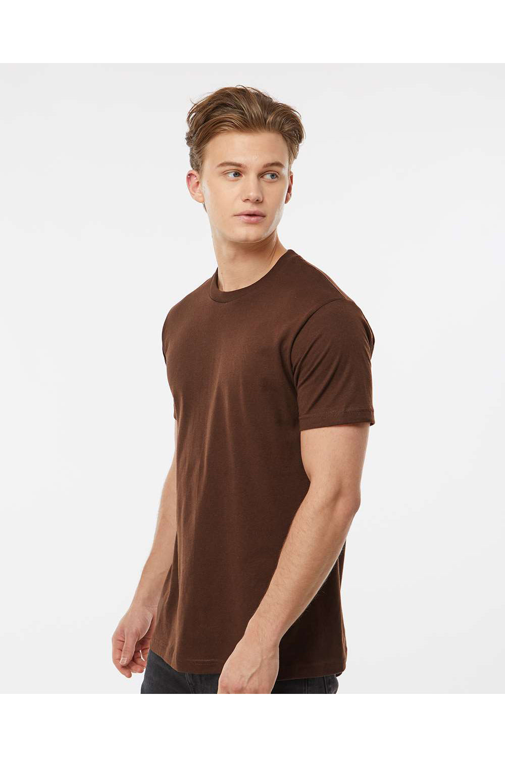 Tultex 202 Mens Fine Jersey Short Sleeve Crewneck T-Shirt Brown Model Side