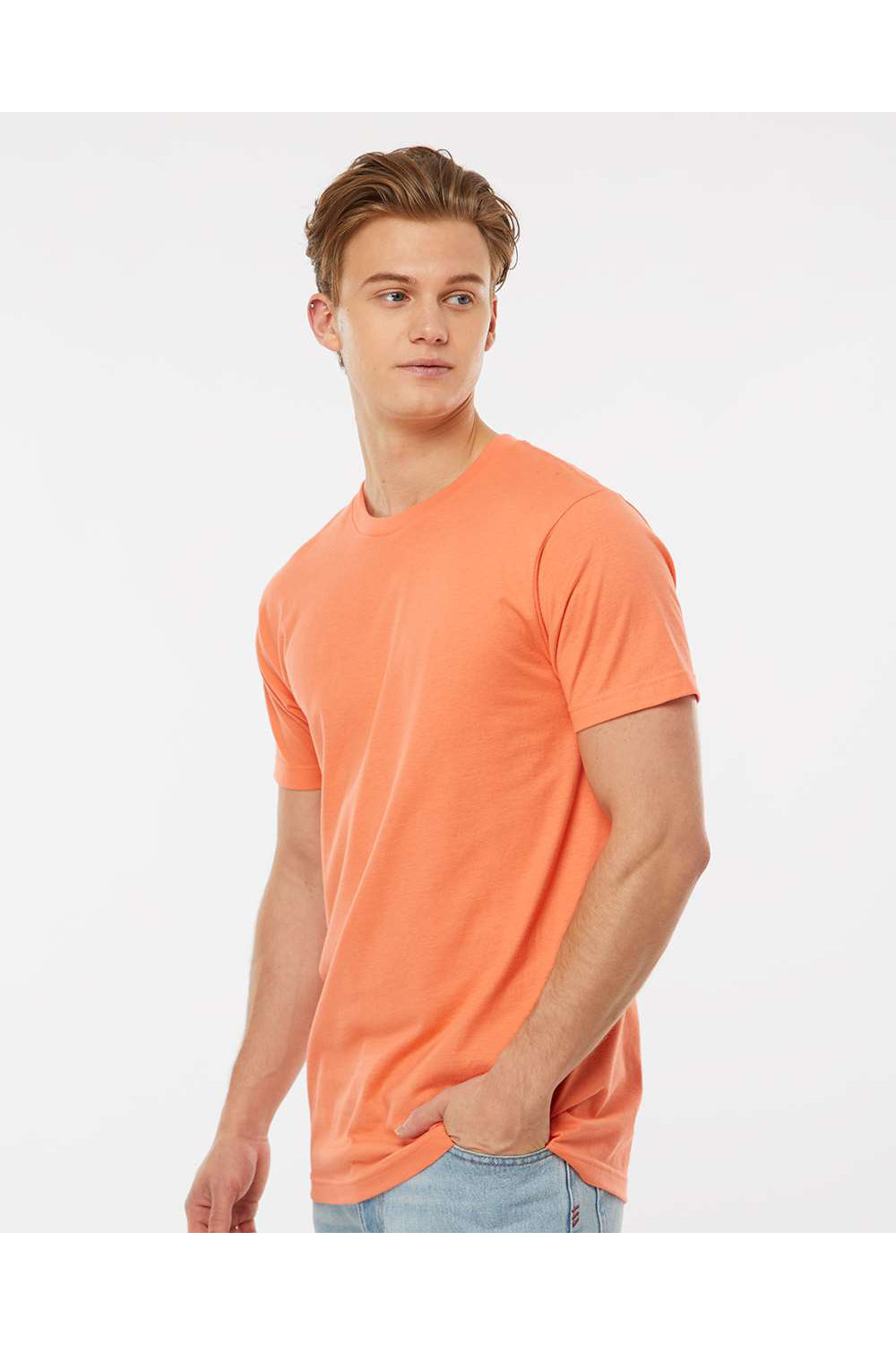 Tultex 202 Mens Fine Jersey Short Sleeve Crewneck T-Shirt Coral Orange Model Side