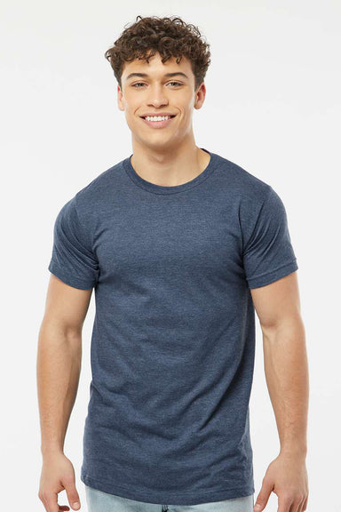 Tultex 202 Mens Fine Jersey Short Sleeve Crewneck T-Shirt Heather Denim Blue Model Front