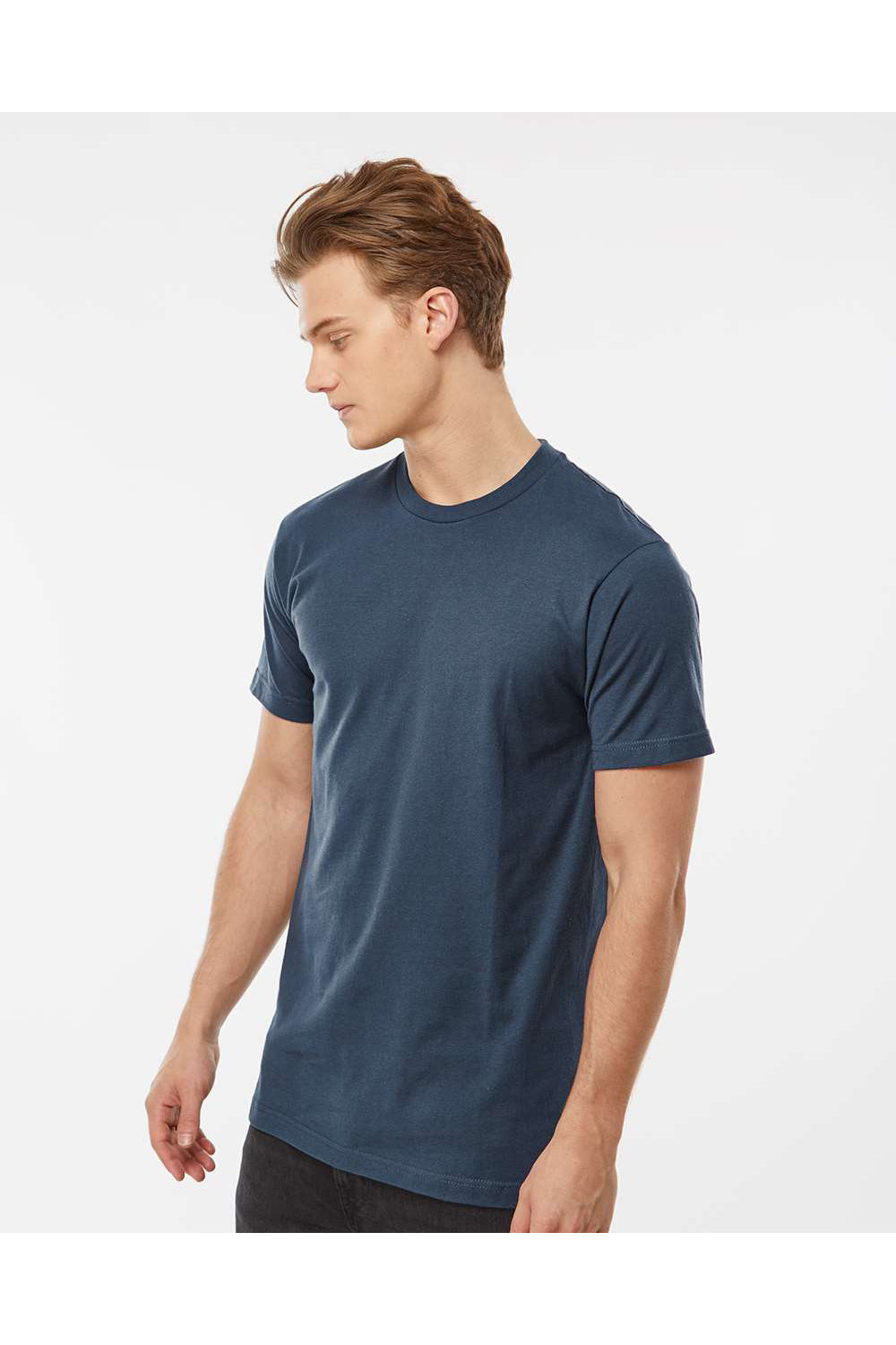 Tultex 202 Mens Fine Jersey Short Sleeve Crewneck T-Shirt Indigo Blue Model Side