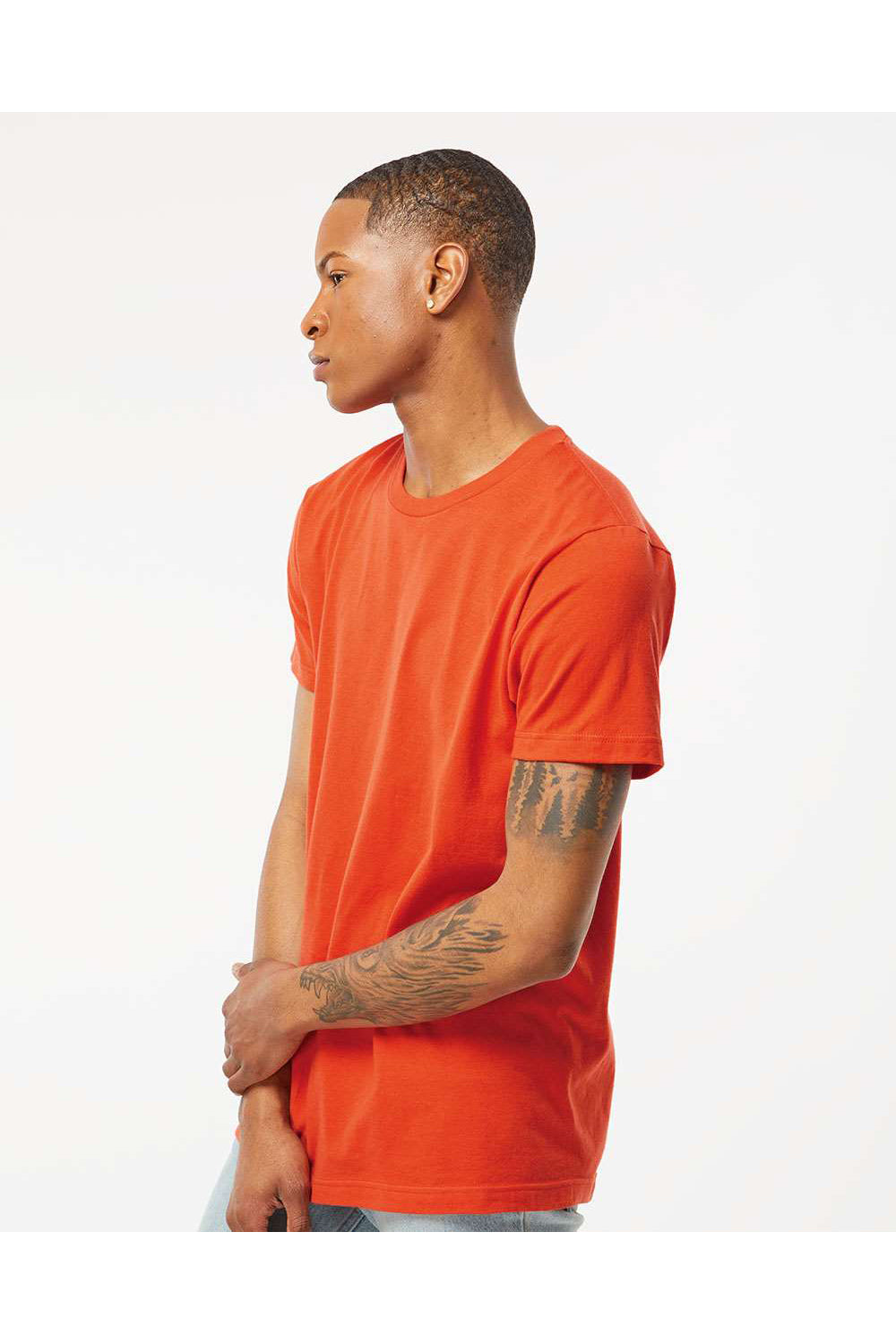 Tultex 202 Mens Fine Jersey Short Sleeve Crewneck T-Shirt Orange Model Side