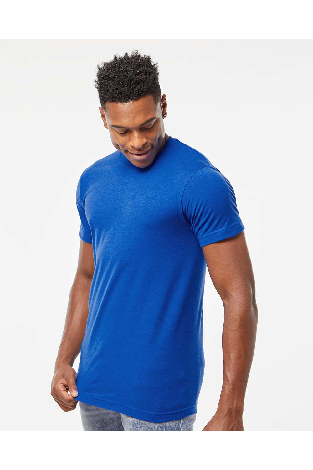 Tultex 202 Mens Fine Jersey Short Sleeve Crewneck T-Shirt Royal Blue Model Side