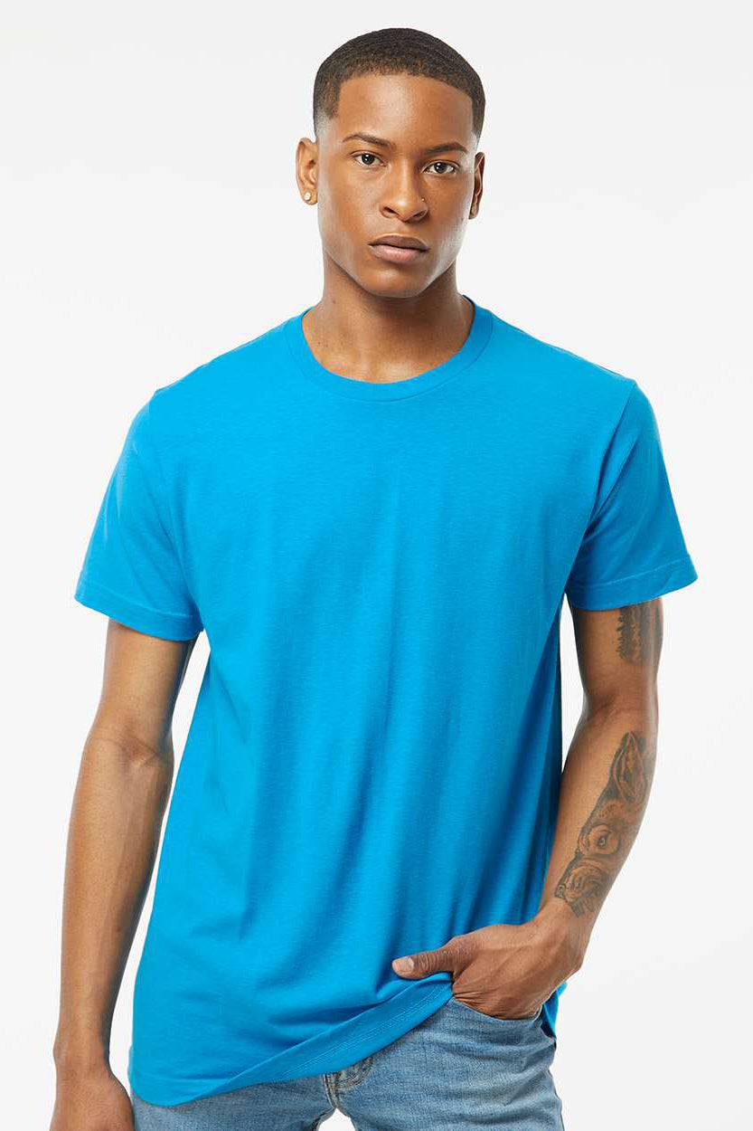 Tultex 202 Mens Fine Jersey Short Sleeve Crewneck T-Shirt Turquoise Blue Model Front