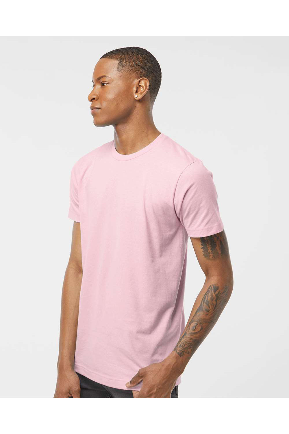 Tultex 202 Mens Fine Jersey Short Sleeve Crewneck T-Shirt Pink Model Side