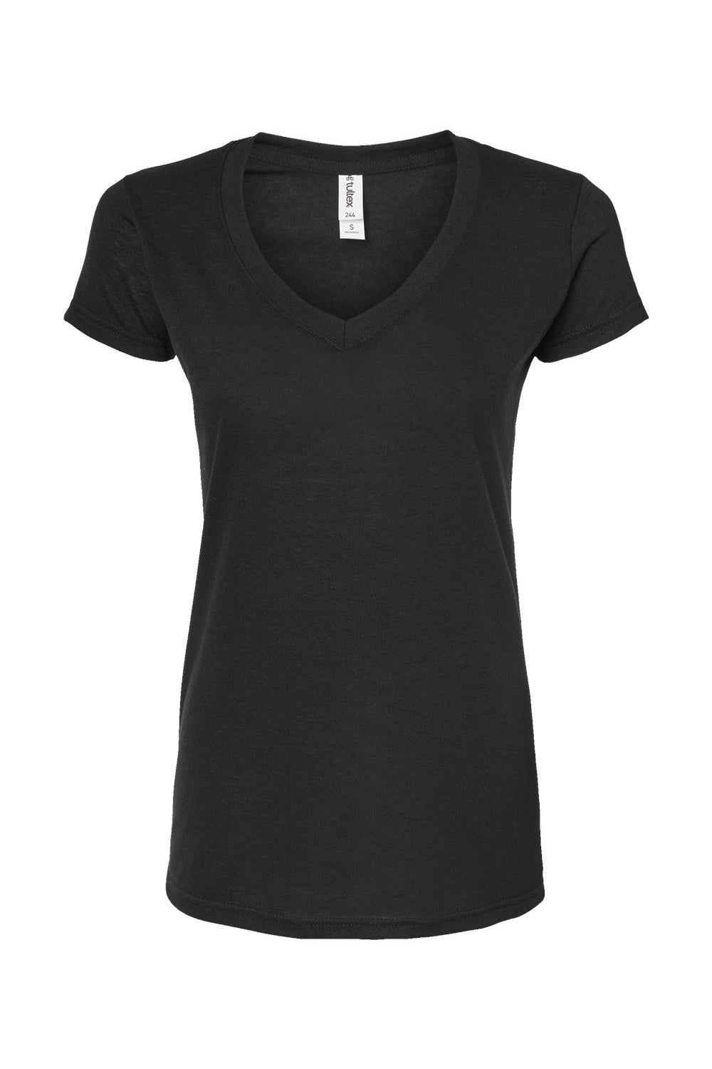 Tultex 244 Womens Poly-Rich Short Sleeve V-Neck T-Shirt Black Flat Front
