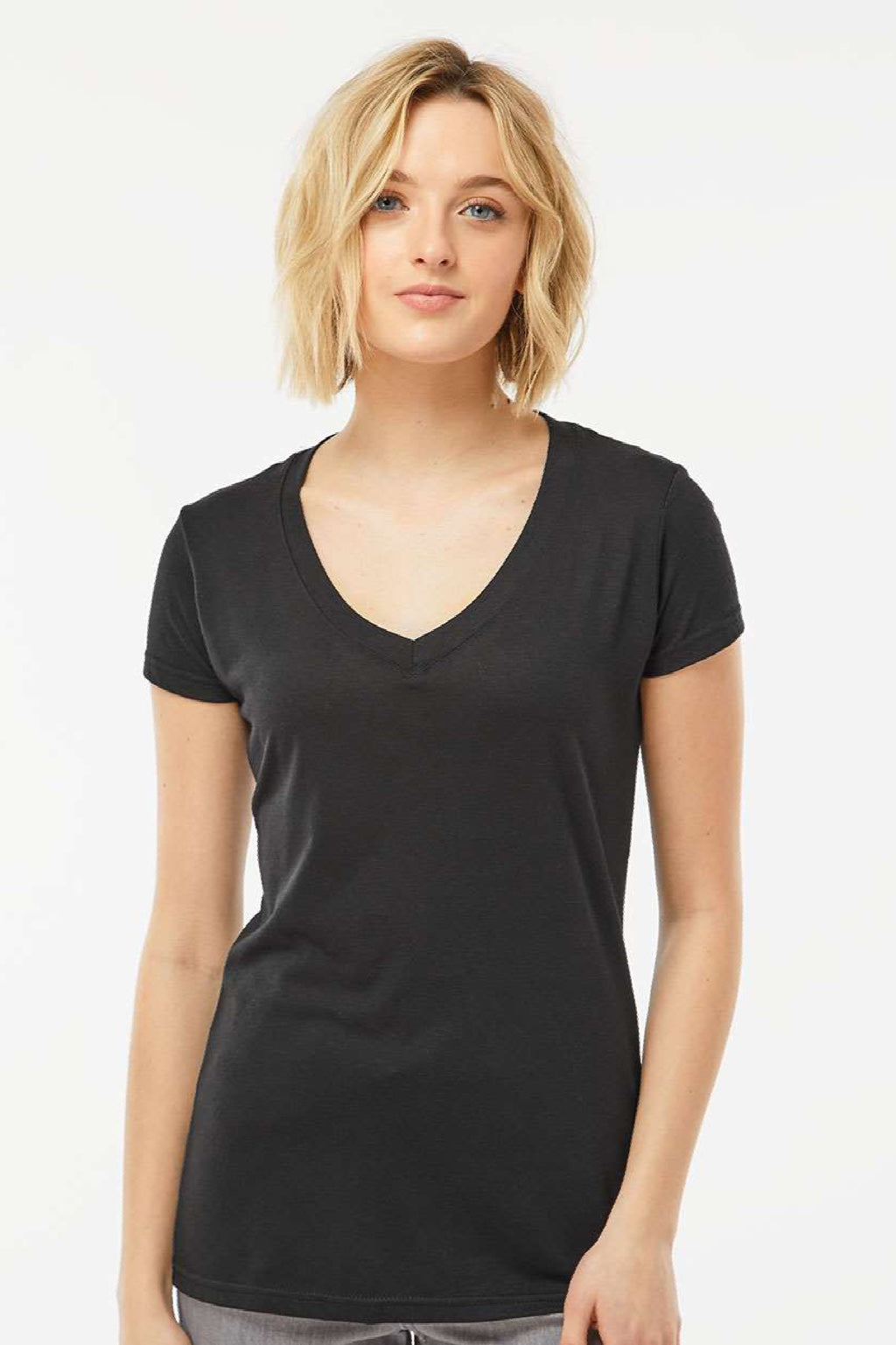 Tultex 244 Womens Poly-Rich Short Sleeve V-Neck T-Shirt Black Model Front