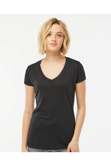 Tultex 244 Womens Poly-Rich Short Sleeve V-Neck T-Shirt Black Model Front