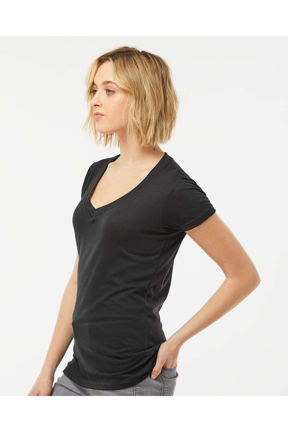 Tultex 244 Womens Poly-Rich Short Sleeve V-Neck T-Shirt Black Model Side