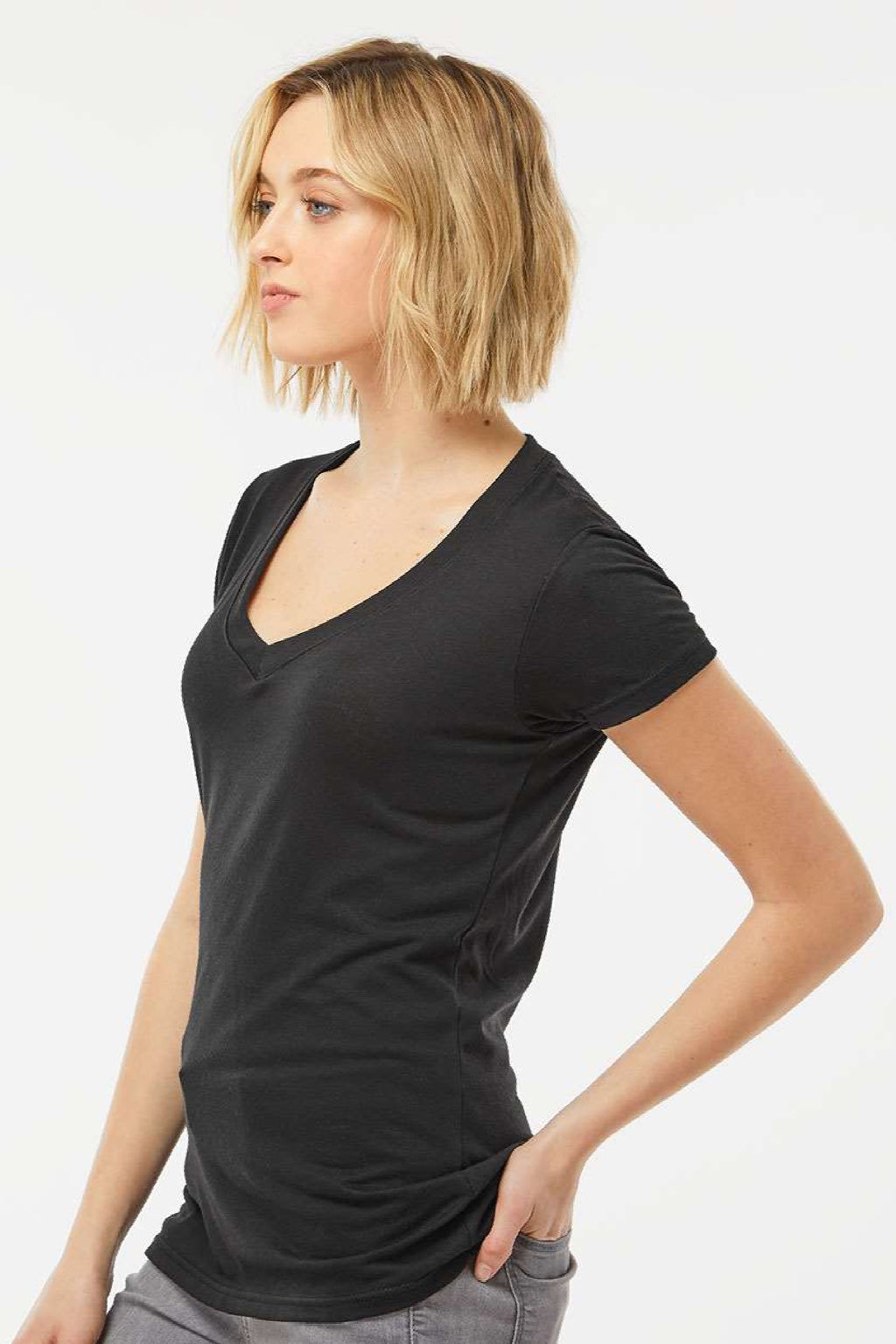 Tultex 244 Womens Poly-Rich Short Sleeve V-Neck T-Shirt Black Model Side