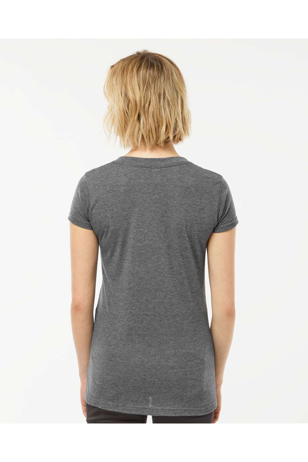 Tultex 244 Womens Poly-Rich Short Sleeve V-Neck T-Shirt Heather Charcoal Grey Model Back
