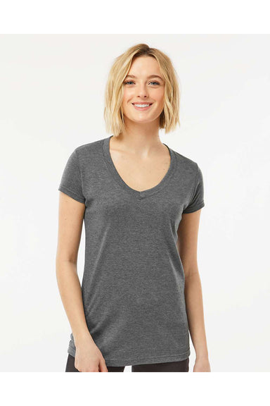 Tultex 244 Womens Poly-Rich Short Sleeve V-Neck T-Shirt Heather Charcoal Grey Model Front