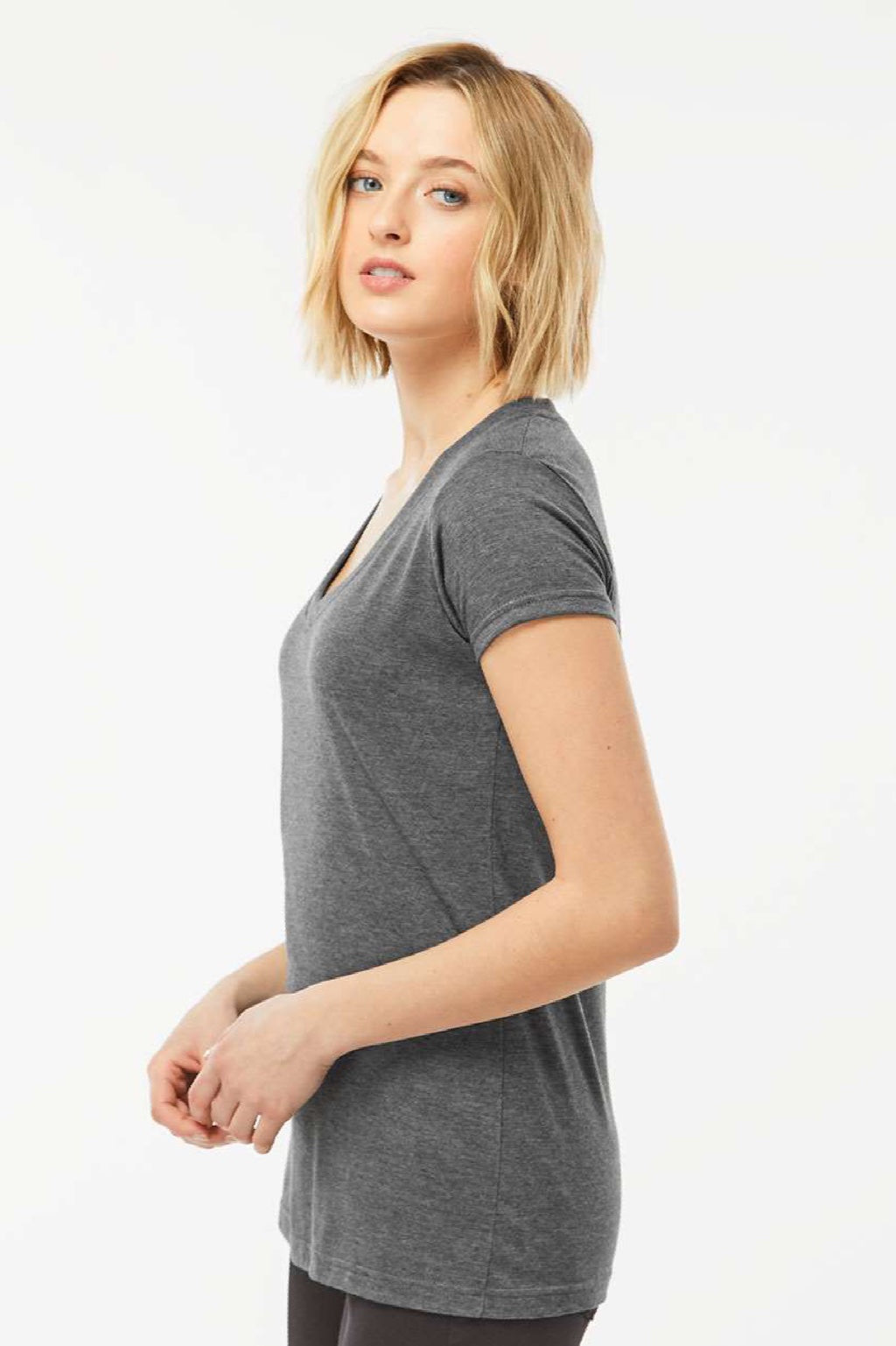Tultex 244 Womens Poly-Rich Short Sleeve V-Neck T-Shirt Heather Charcoal Grey Model Side