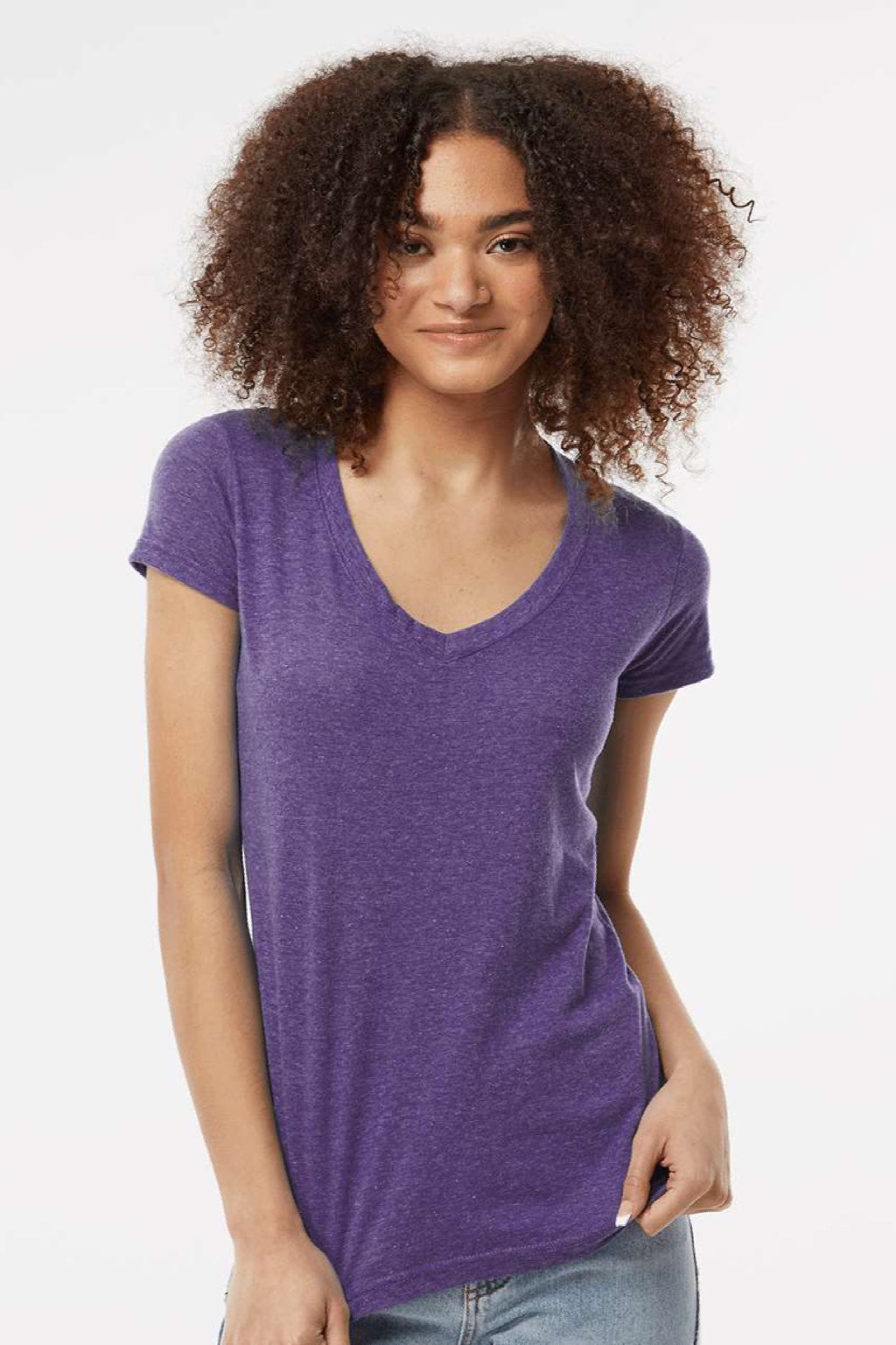 Tultex 244 Womens Poly-Rich Short Sleeve V-Neck T-Shirt Heather Purple Model Front
