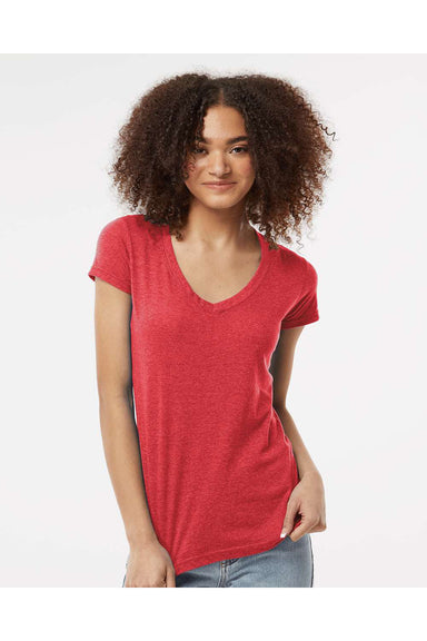 Tultex 244 Womens Poly-Rich Short Sleeve V-Neck T-Shirt Heather Red Model Front