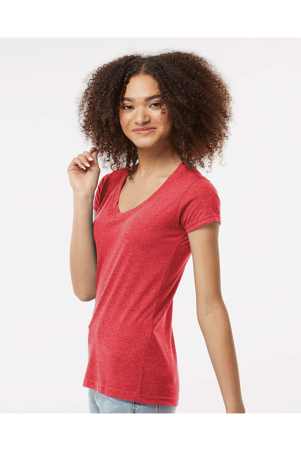 Tultex 244 Womens Poly-Rich Short Sleeve V-Neck T-Shirt Heather Red Model Side