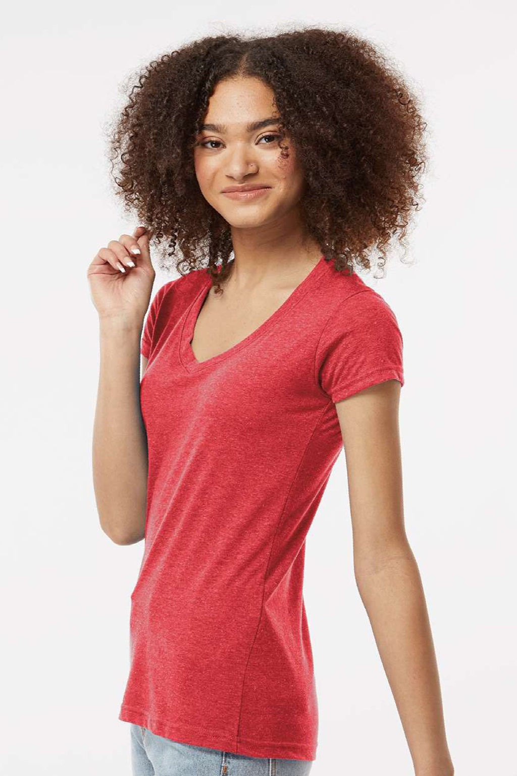 Tultex 244 Womens Poly-Rich Short Sleeve V-Neck T-Shirt Heather Red Model Side