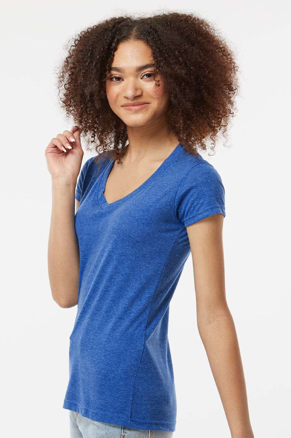 Tultex 244 Womens Poly-Rich Short Sleeve V-Neck T-Shirt Heather Royal Blue Model Side