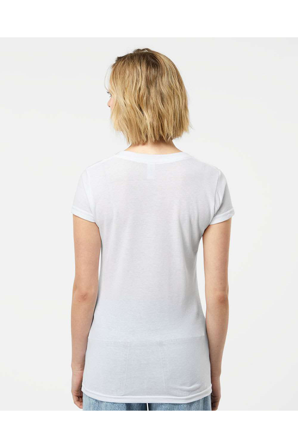 Tultex 244 Womens Poly-Rich Short Sleeve V-Neck T-Shirt White Model Back